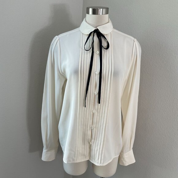Victoria Beckham Womens 8 Ivory Blouse Peter Pan Collar With Black Bow Tie Shirt - Picture 1 of 11